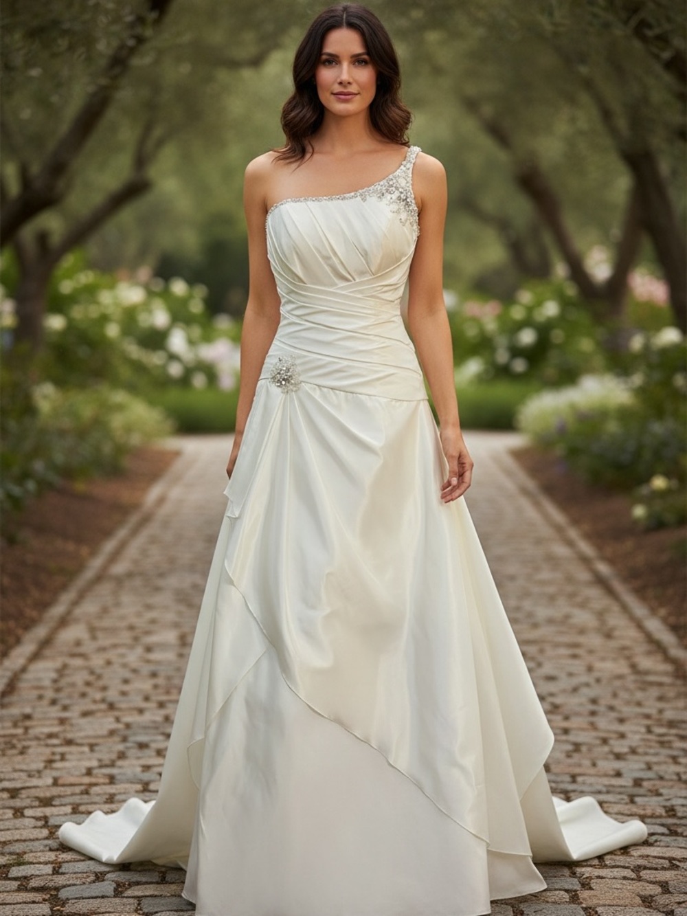 One-Shoulder Ivory and Silver Bridal Gown with Beaded Strap. Women’s Size 6